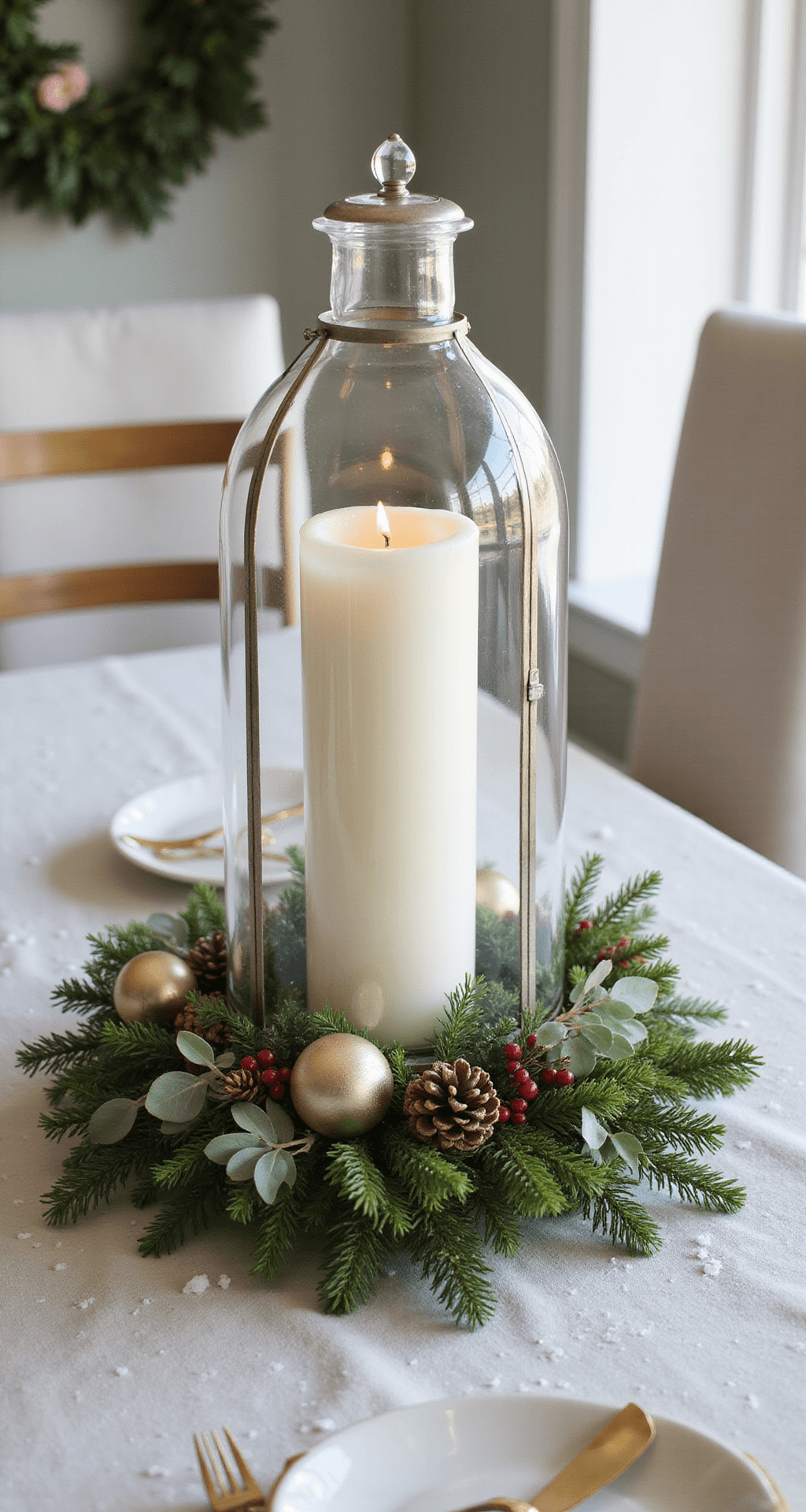 Christmas Wedding Centerpieces That'll Make Your Guests Stop Mid-Bite An elegant hurricane lantern centerpiece featuring a large white pillar candle surrounded by fresh pine, eucalyptus, metallic Christmas ornaments, scattered pinecones, and red berries, with a delicate sparkle from artificial snow or epsom salt, all captured with soft, diffused lighting.