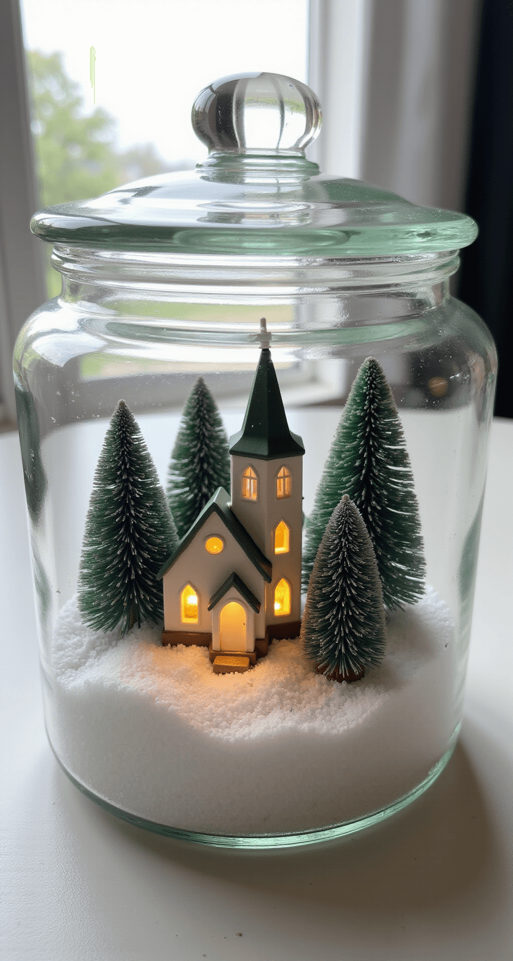 Christmas Village Display Ideas That'll Make Your Neighbors Jealous A Christmas village display inside a glass apothecary jar features a quaint ceramic church, miniature bottle brush trees, and Epsom salt resembling snow, all illuminated by a warm glow from tiny windows and complemented by soft diffused daylight.