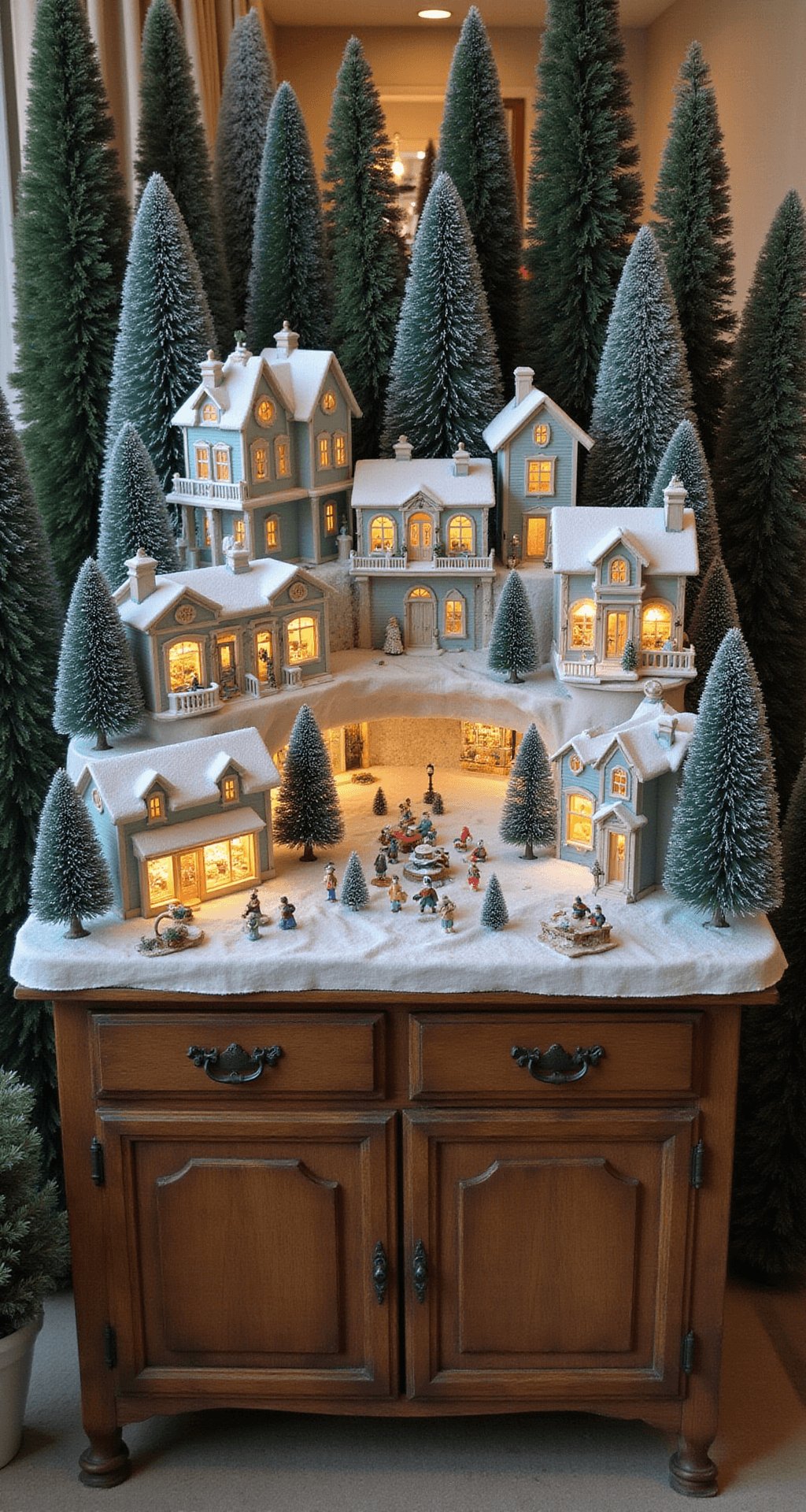 Christmas Village Display Ideas That'll Make Your Neighbors Jealous A vintage wooden console table showcases a multi-tiered village display with white cupcake stands, featuring a main street of soft blue and white ceramic shops, warm white LED lights shining from the houses, and scattered street lamps casting gentle shadows. Miniature figures engage in dynamic winter scenes, while a dense background of textured bottle brush trees in varying greens adds depth, all illuminated by an early evening glow.