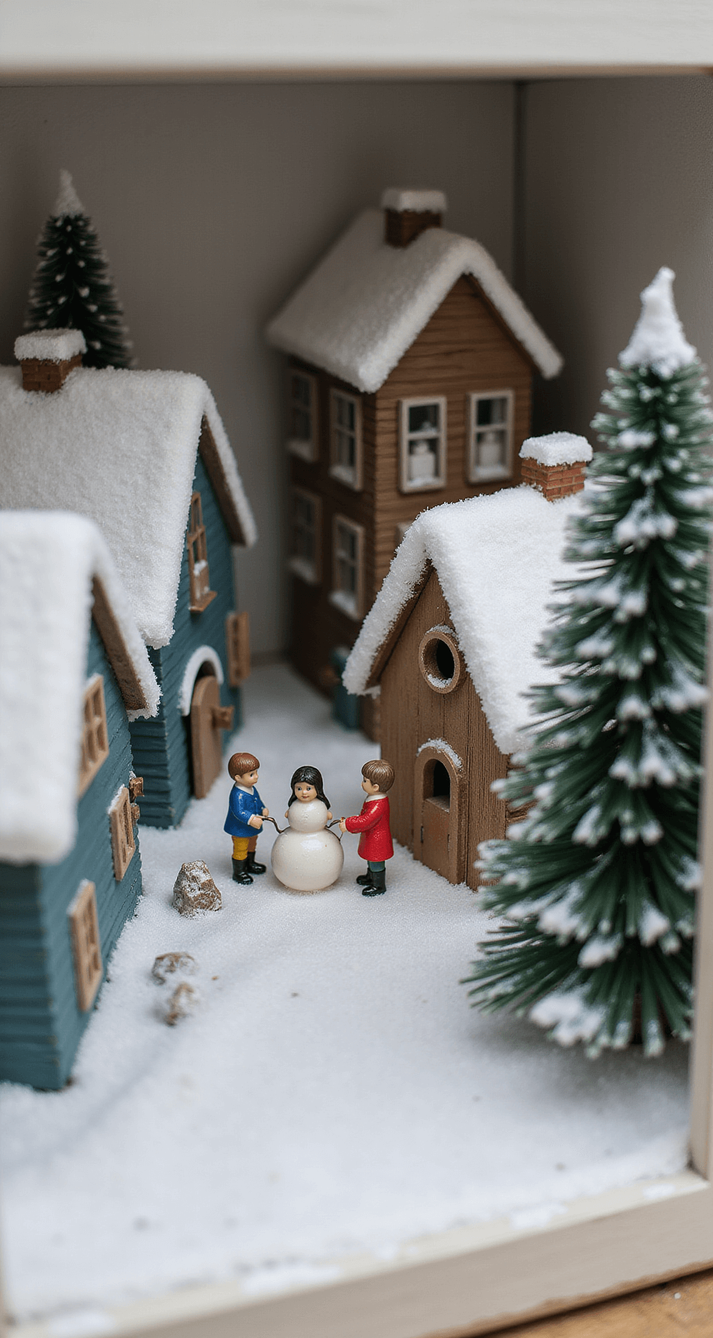 Christmas Village Display Ideas That'll Make Your Neighbors Jealous A cozy Christmas village scene displayed in a white wooden shadowbox, featuring asymmetrically arranged houses, children building a snowman, and a frosted evergreen tree, all on a snow-covered ground of cotton batting, illuminated by soft side lighting that casts long shadows, in a muted color palette of whites, blues, and forest greens.