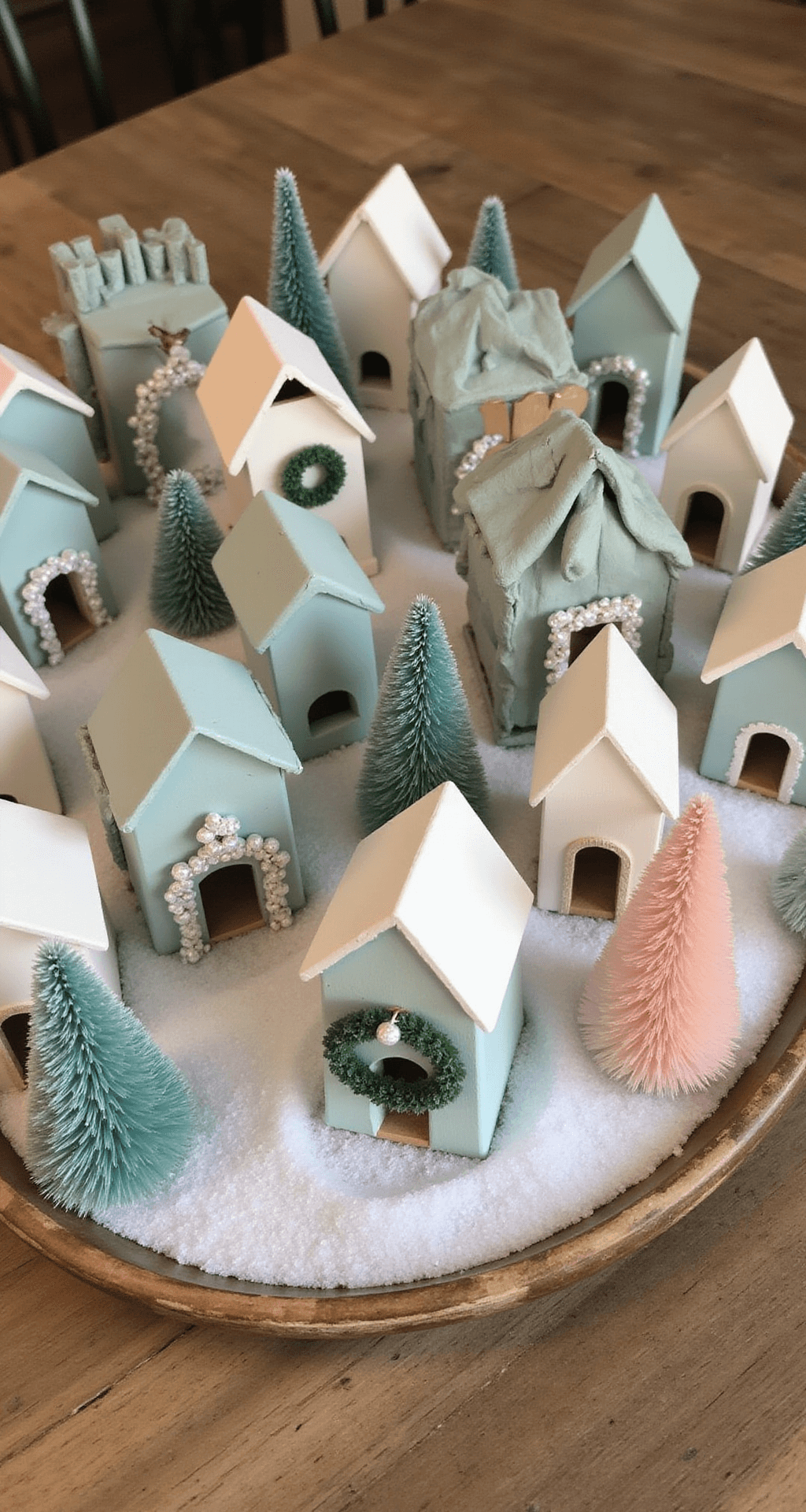 Christmas Village Display Ideas That'll Make Your Neighbors Jealous A cozy DIY Christmas village made from painted paper mache boxes and wooden birdhouses, featuring a soft pastel color scheme. The village is arranged on a rustic wooden tray with miniature details like tiny wreaths and pom-pom decorations, accented by sparse bottle brush trees and Epsom salt snow. Warm ambient lighting casts soft shadows, enhancing the handmade texture and personal craftsmanship of the display.