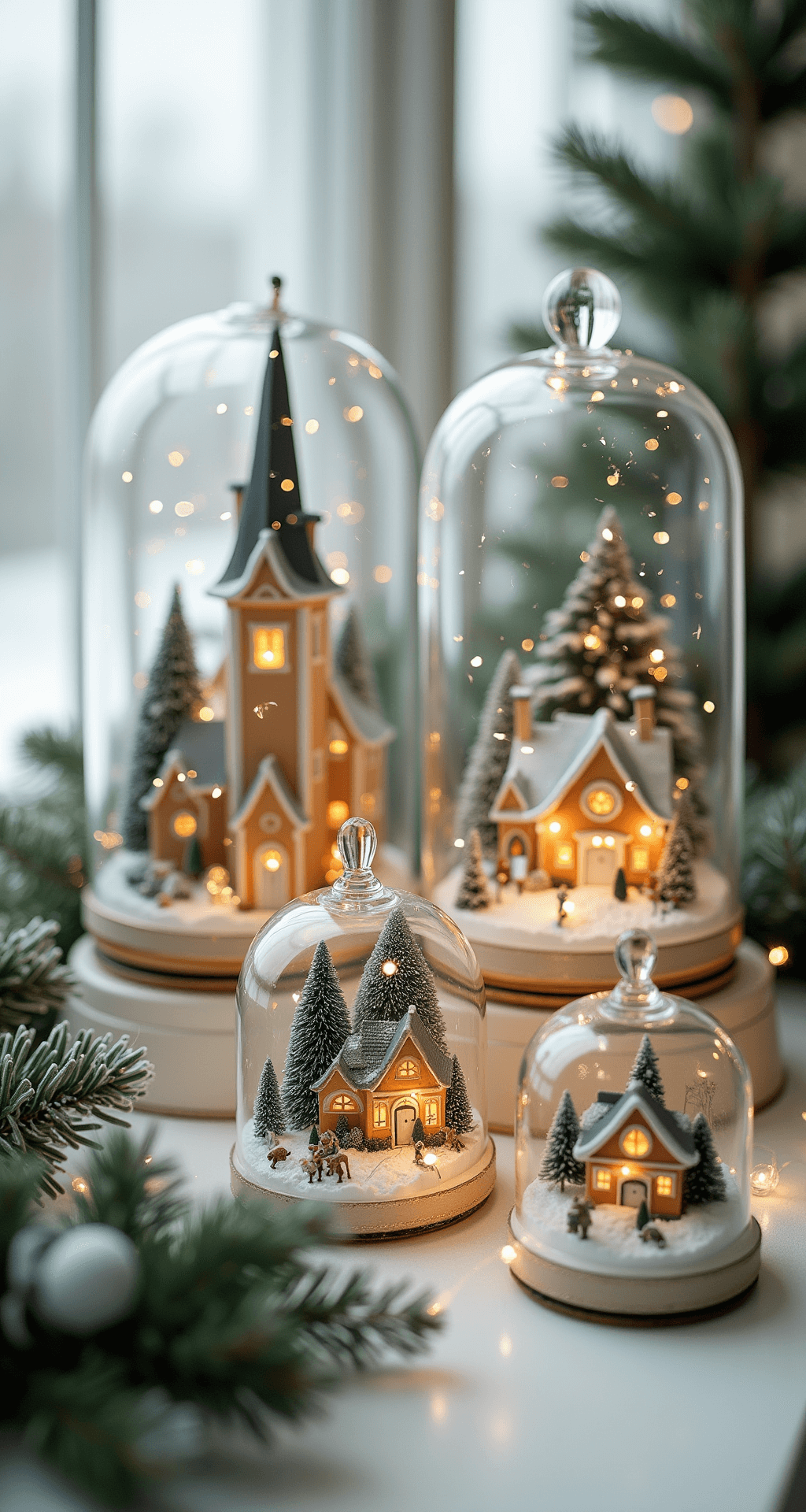 Christmas Village Display Ideas That'll Make Your Neighbors Jealous An elegant Christmas village display under glass cloches, featuring a central illuminated church surrounded by miniature residential and countryside scenes, with intricate details like street lamps and snow-covered pathways, all bathed in soft white and green hues and diffused natural light.