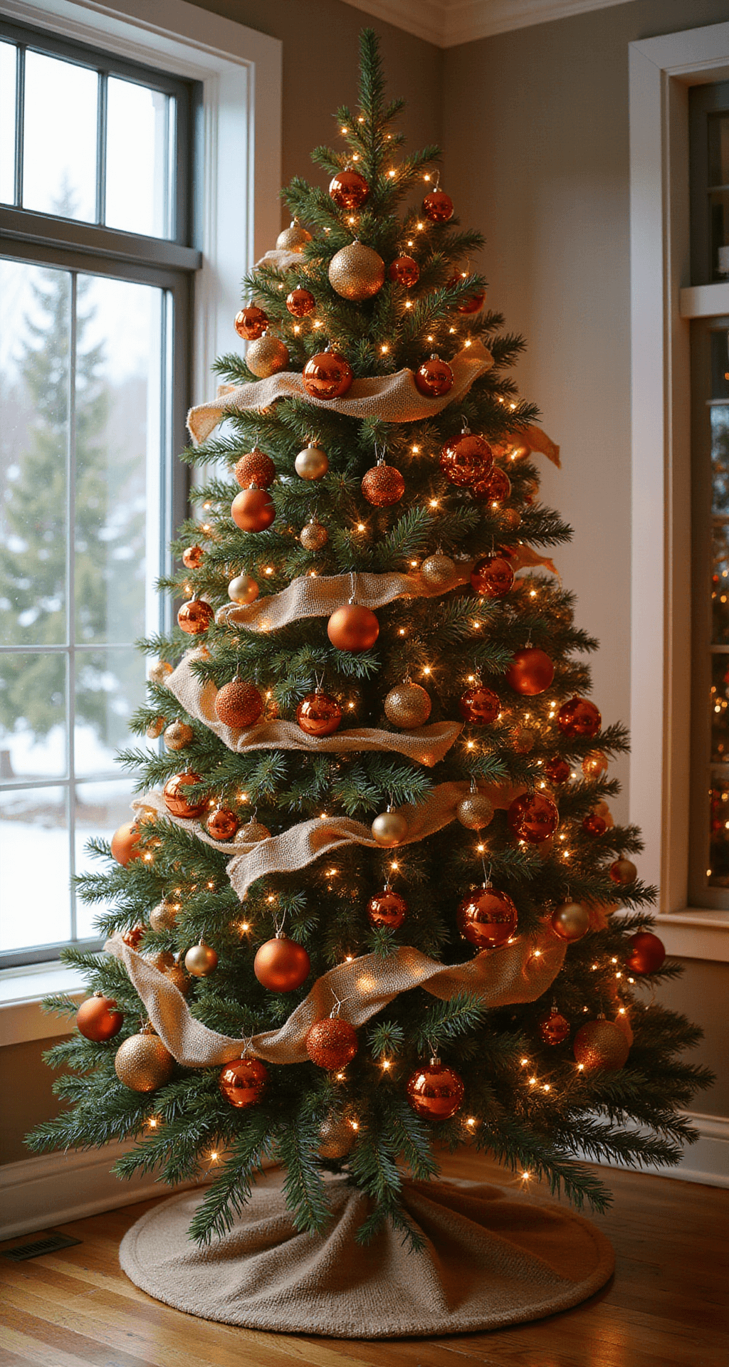 Burnt Orange Christmas Tree Ideas That'll Make Your Holiday Decor Absolutely Stunning Ultra-detailed image of a 9-foot elegant artificial Christmas tree decorated in burnt orange glass and velvet ornaments, positioned by floor-to-ceiling windows with soft winter light, showcasing intricate ornament layering, warm copper wire lights, burlap ribbon, and hardwood floors reflecting golden tones, captured from a slightly elevated angle in professional interior design photography style.
