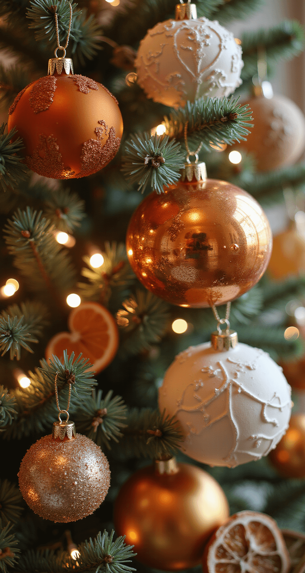 Burnt Orange Christmas Tree Ideas That'll Make Your Holiday Decor Absolutely Stunning Intimate close-up of burnt orange and cream ornaments on tree branches, featuring glossy mercury glass, matte velvet, and handcrafted ceramic, with natural wood elements and dried orange slices. Warm white LED lights enhance the soft glow, while a macro perspective reveals intricate textures and a blurred background in warm neutrals.