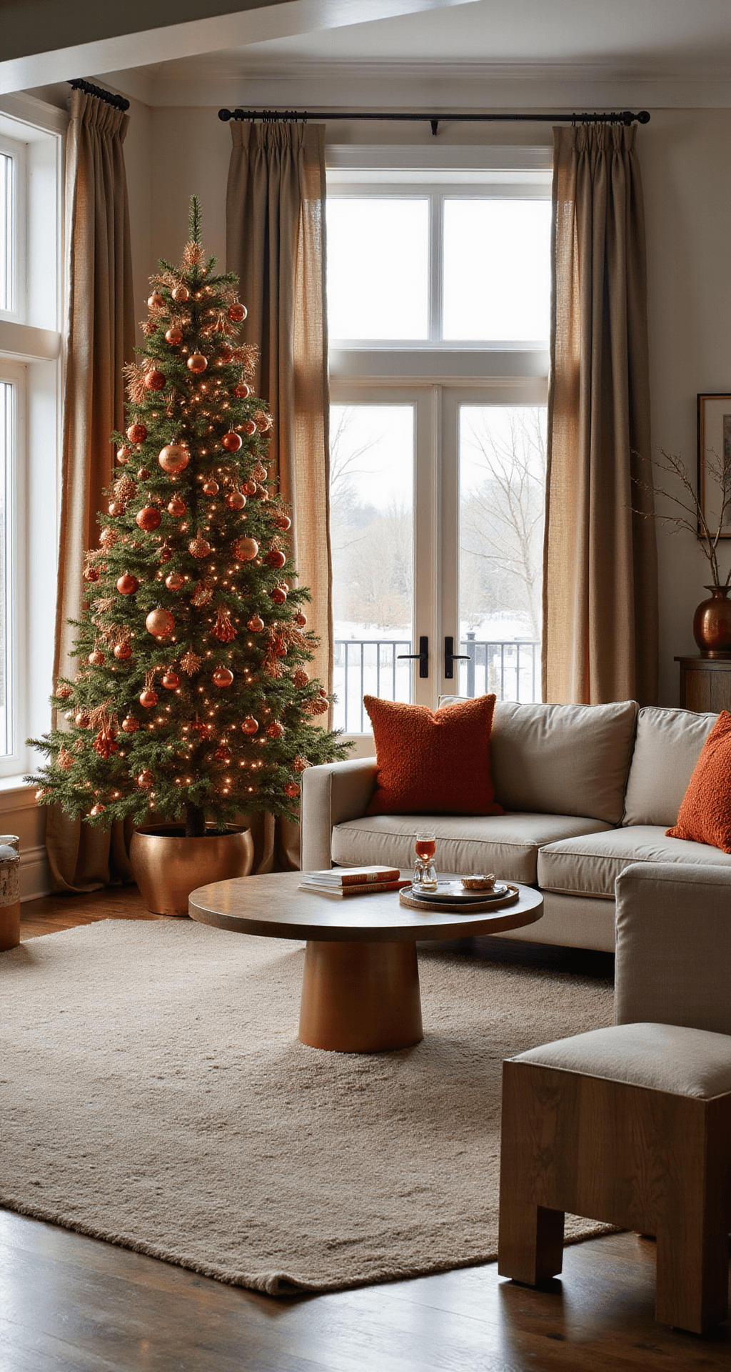 Burnt Orange Christmas Tree Ideas That'll Make Your Holiday Decor Absolutely Stunning Sophisticated living room showcasing a burnt orange Christmas tree with earthy green ornaments, surrounded by natural wood furniture and copper accents, all bathed in soft winter afternoon light, creating a warm and inviting atmosphere.