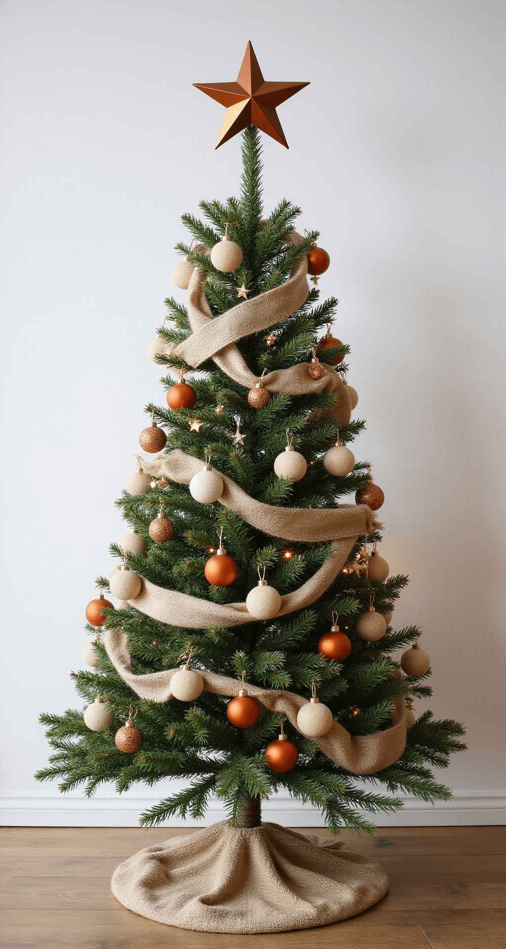 Burnt Orange Christmas Tree Ideas That'll Make Your Holiday Decor Absolutely Stunning A minimalist Scandinavian-inspired Christmas tree featuring a burnt orange and cream color palette, with careful ornament placement and natural wooden decorations. It is adorned with a loosely draped burlap ribbon and topped with a modern geometric copper star, all set against a clean white wall with soft natural lighting that highlights texture and negative space.