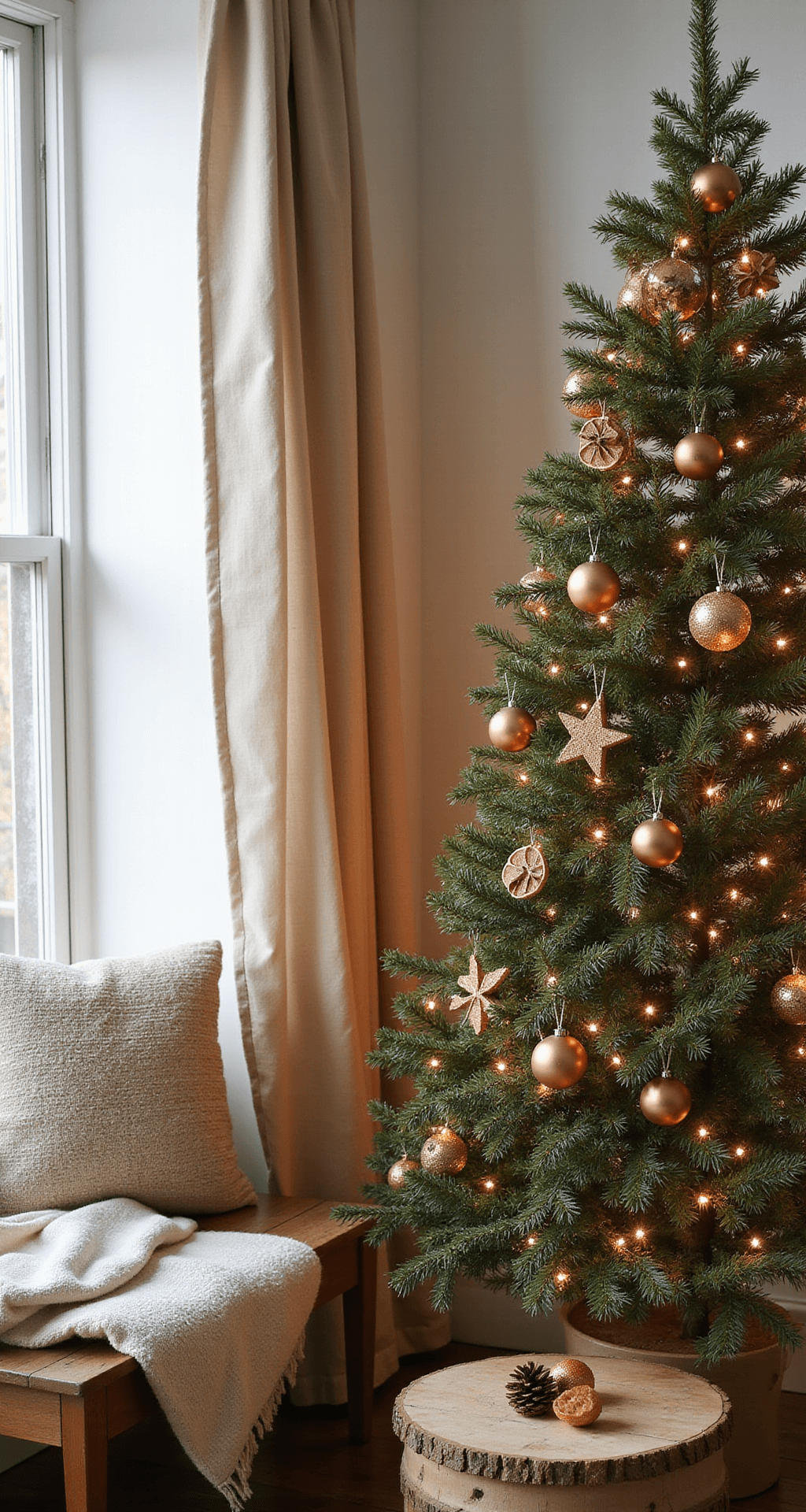 Burnt Orange Christmas Tree Ideas That'll Make Your Holiday Decor Absolutely Stunning A rustic farmhouse interior showcasing a burnt orange Christmas tree adorned with vintage mercury glass ornaments, natural pinecones, and dried citrus decorations, illuminated by warm copper fairy lights, alongside a distressed wooden side table and a cream textured throw blanket, all bathed in soft morning light filtering through linen curtains, creating a cozy atmosphere.