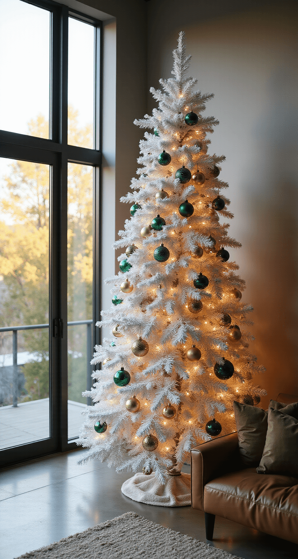 How I Finally Cracked the Code on Decorating My Flocked Christmas Tree (Without Making It Look Like a Wedding Cake Gone Wrong) Ultra-detailed mid-century modern living room featuring a pristine 7-foot white flocked Christmas tree adorned with champagne and emerald green ornaments, bathed in warm golden hour sunlight, with minimalist leather furniture and polished concrete floors, captured from a low angle against soft gray walls.