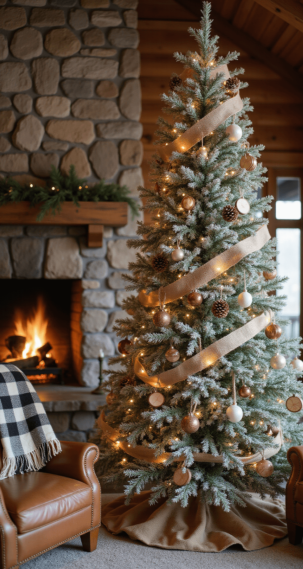 How I Finally Cracked the Code on Decorating My Flocked Christmas Tree (Without Making It Look Like a Wedding Cake Gone Wrong) Rustic cabin interior with a flocked Christmas tree adorned with wood slice ornaments and burlap ribbon, warm fireplace light reflecting off copper accents, an oversized stone fireplace, a wool plaid throw on a leather armchair, and frosted pinecones integrated into the tree, all bathed in warm amber lighting for a cozy atmosphere.