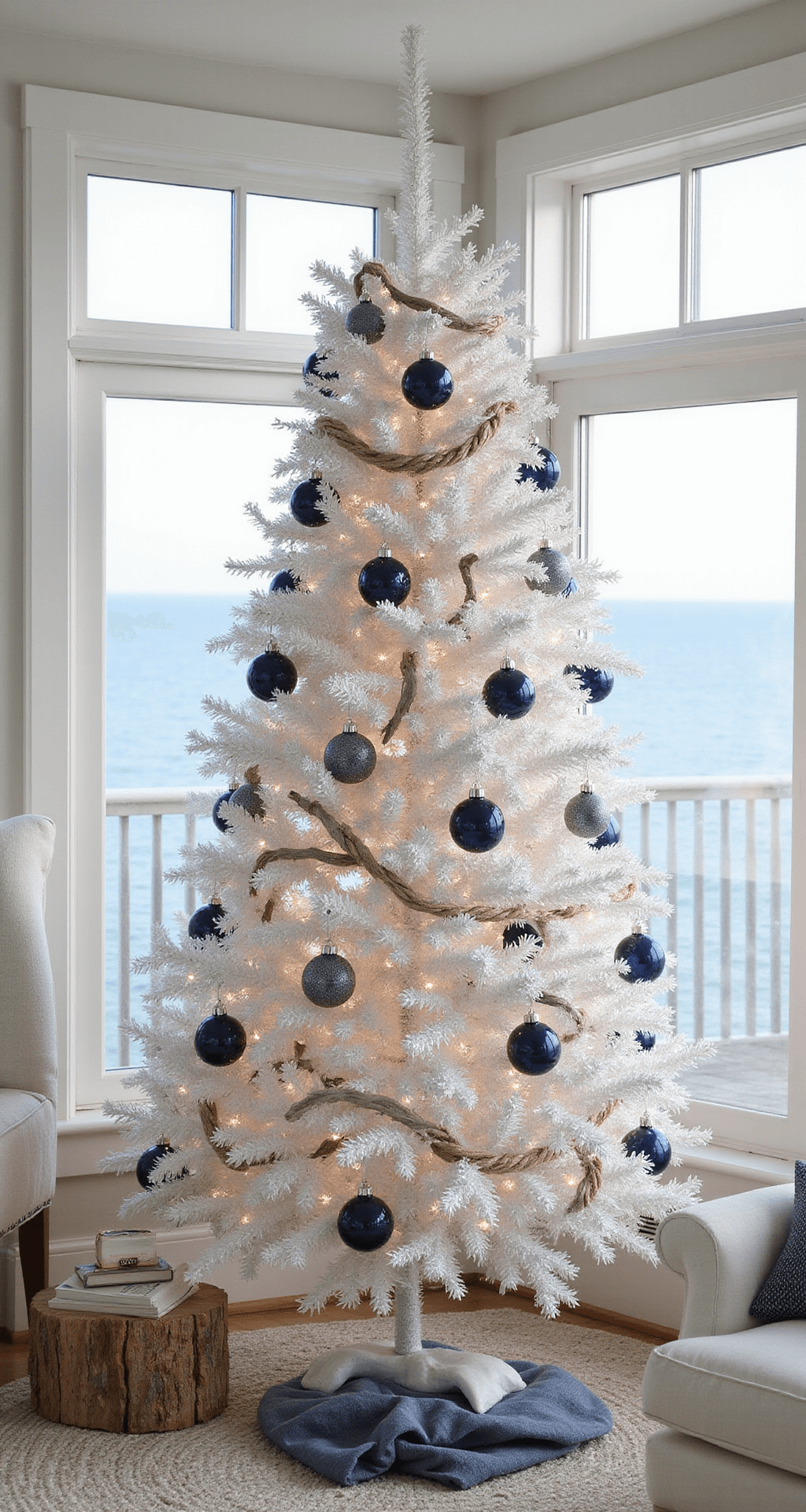 How I Finally Cracked the Code on Decorating My Flocked Christmas Tree (Without Making It Look Like a Wedding Cake Gone Wrong) Coastal chic living space featuring a white flocked Christmas tree with navy blue and white ornaments, driftwood accents, and rope garland, illuminated by soft morning light through large windows overlooking the ocean, with light linen furniture and natural wood side tables.