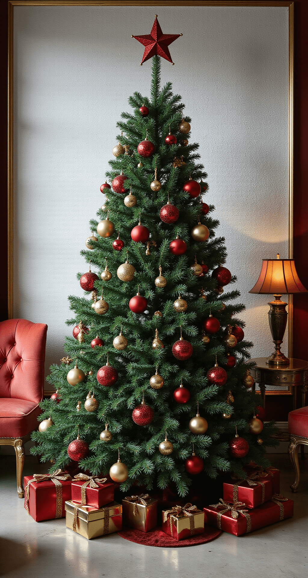 How I Finally Cracked the Code on Decorating My Flocked Christmas Tree (Without Making It Look Like a Wedding Cake Gone Wrong) Glamorous Christmas tree adorned with emerald green and ruby red ornaments set against a white flocked background, featuring crystal and gold accents, velvet chairs, and art deco decor, illuminated by dramatic side lighting for a luxurious ambiance.