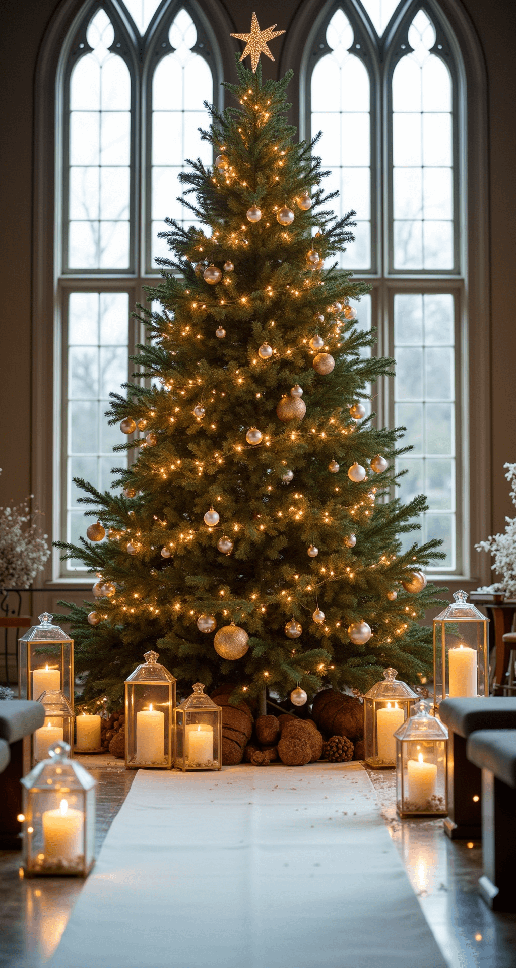 Christmas Wedding Theme Ideas: Your Ultimate Guide to a Festive Celebration A sophisticated winter wedding ceremony space featuring a beautifully decorated 10-foot Christmas tree with warm white string lights, silver and champagne gold ornaments, and surrounded by tall glass lanterns with ivory candles, all under soft natural light from cathedral windows.