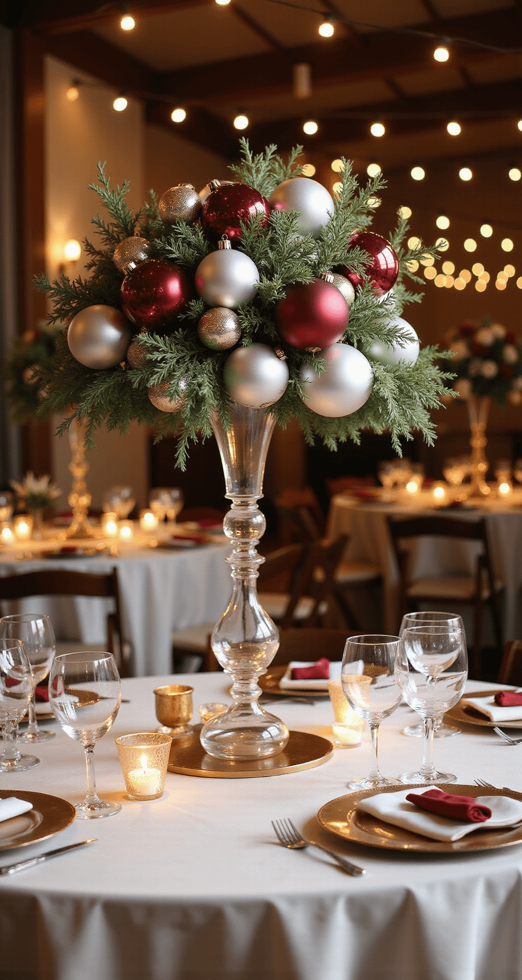 Christmas Wedding Theme Ideas: Your Ultimate Guide to a Festive Celebration An intimate reception table adorned with a layered ornament bouquet centerpiece in a tall glass vase, featuring burgundy, silver, and matte white Christmas ornaments, surrounded by evergreen sprigs and eucalyptus leaves. The table is set with a crisp white linen tablecloth, copper charger plates, and crystal stemware, illuminated by soft candlelight and warm overhead string lights. Low angle photography highlights the intricate details and romantic ambiance.