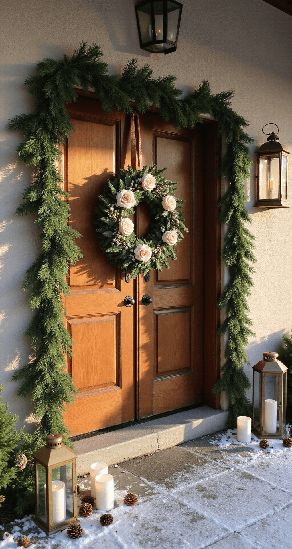 Christmas Wedding Theme Ideas: Your Ultimate Guide to a Festive Celebration A rustic winter wedding entrance with evergreen garland on antique wooden doors, a handcrafted wreath of pine and blush roses, luminaries along a stone pathway, snow-dusted pinecones, and vintage brass lanterns in warm golden hour light.