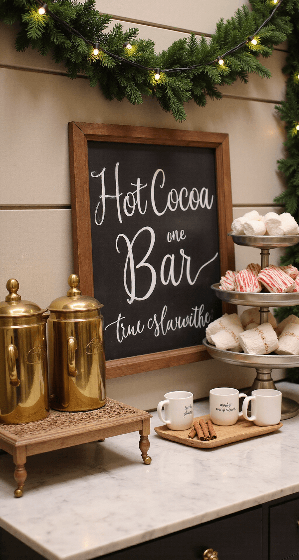 Christmas Wedding Theme Ideas: Your Ultimate Guide to a Festive Celebration Elegant hot cocoa bar featuring vintage brass dispensers and personalized mugs in muted winter colors, set on a white marble countertop. A tiered display showcases marshmallows, candy canes, and cinnamon sticks, surrounded by a greenery garland with fairy lights. A chalkboard sign in elegant calligraphy adds charm, all captured in soft focus with warm ambient lighting for a cozy atmosphere.