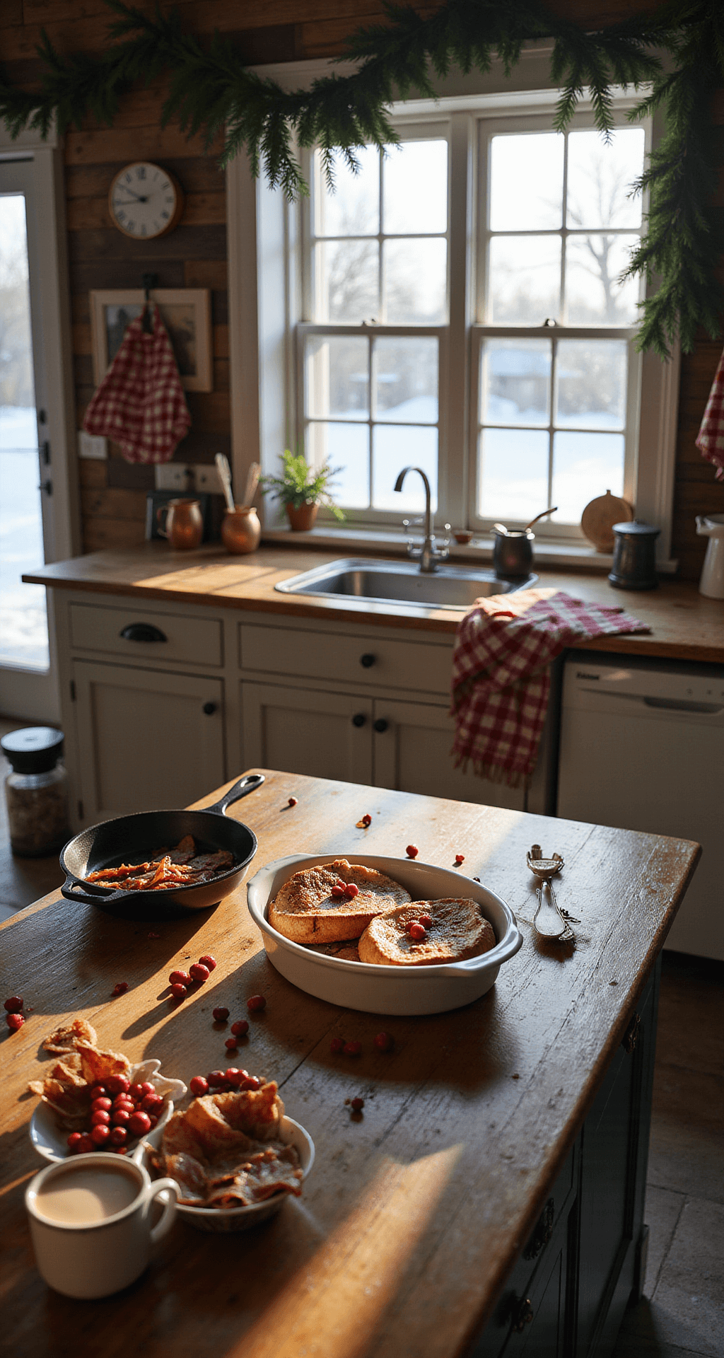 Christmas Morning Magic: 25+ Breakfast Ideas That'll Make You the Holiday Hero Ultra-detailed view of a cozy farmhouse kitchen on Christmas morning, featuring soft sunlight through frosted windows, a rustic wooden island with a vintage casserole of golden brown French toast, scattered cranberries, a sizzling cast iron skillet of bacon, and warm copper mugs of coffee, all adorned with pine garland and checkered towels.