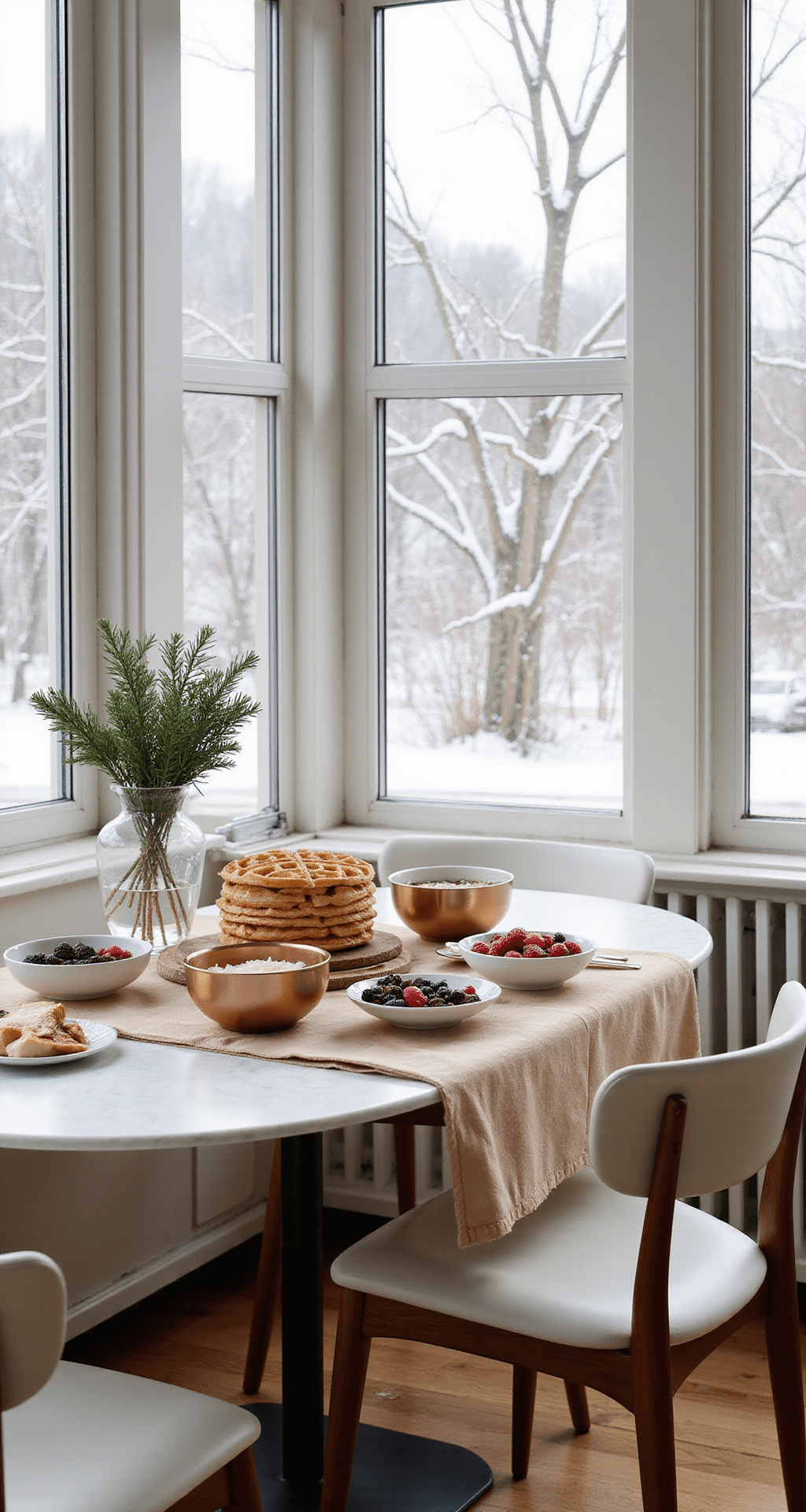 Christmas Morning Magic: 25+ Breakfast Ideas That'll Make You the Holiday Hero Elegant breakfast nook featuring mid-century modern white chairs with walnut frames around a round marble table, adorned with a festive waffle bar and muted metallic serving bowls of toppings, fresh berries in white porcelain dishes, a soft champagne-colored linen tablecloth, and minimalist Christmas decorations including a pine branch centerpiece, all bathed in warm diffused natural light from floor-to-ceiling windows overlooking a snowy landscape.