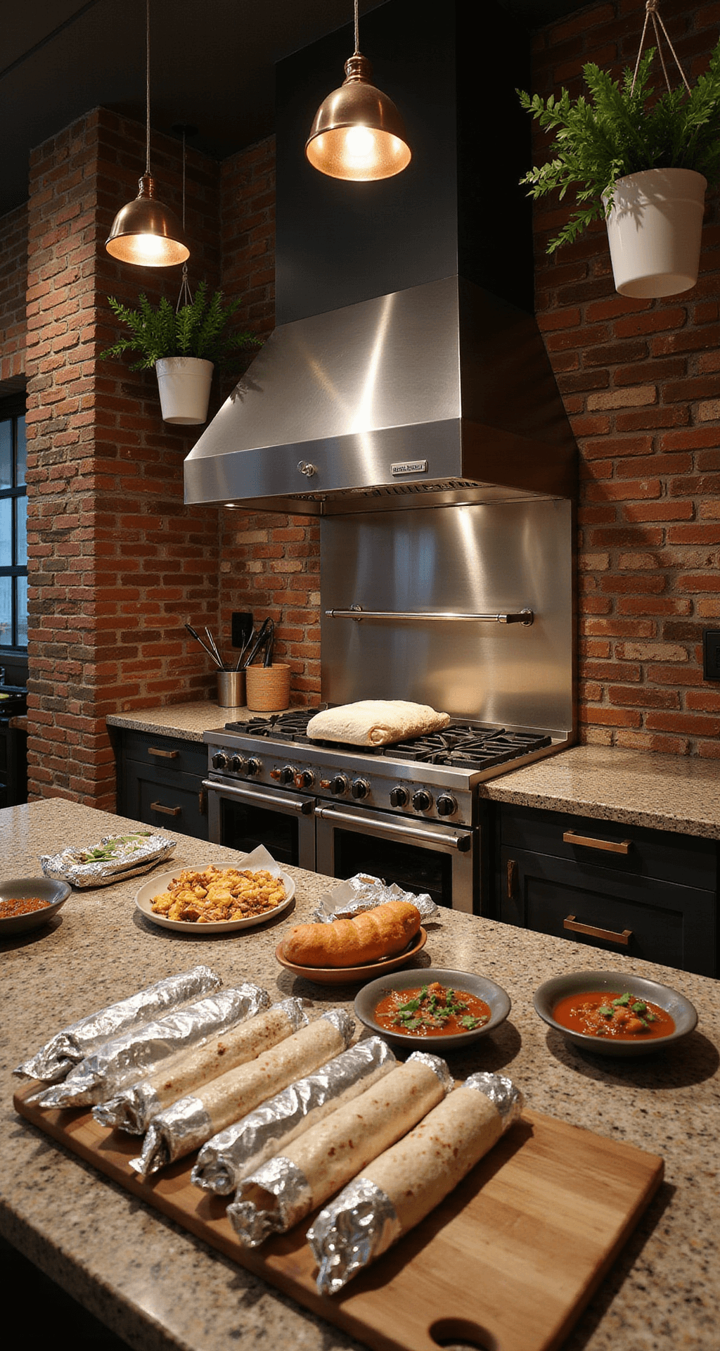 Christmas Morning Magic: 25+ Breakfast Ideas That'll Make You the Holiday Hero A rustic modern kitchen featuring an exposed brick wall, a large stainless steel professional range, granite countertops with a vibrant breakfast burrito preparation station, foil-wrapped packages, colorful ceramic bowls filled with salsa and toppings, hanging copper pots, and green plants in white ceramic planters, all illuminated by rich warm lighting that casts dramatic shadows.