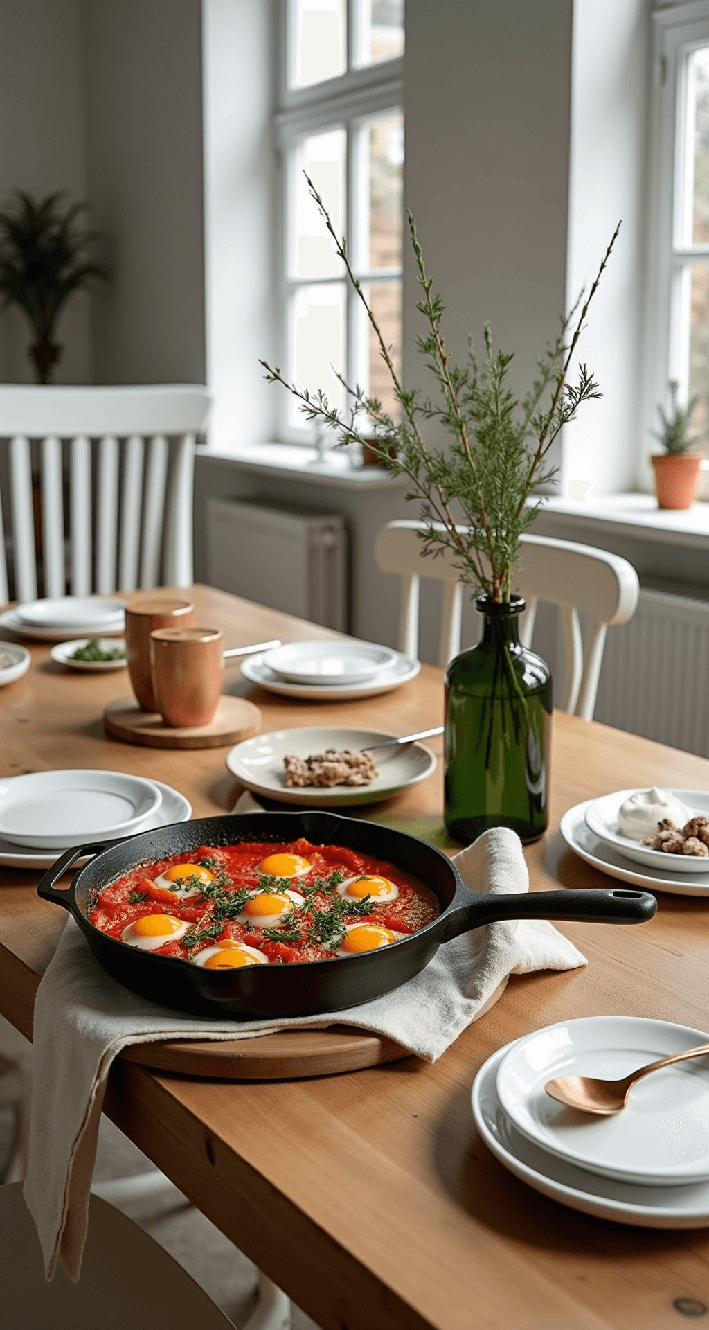Christmas Morning Magic: 25+ Breakfast Ideas That'll Make You the Holiday Hero A warm Scandinavian-inspired dining room featuring a natural wood dining table with contemporary white chairs, adorned with a large cast iron skillet of colorful shakshuka, minimal Christmas decor, and soft morning light casting dramatic shadows, captured from a slightly overhead angle.