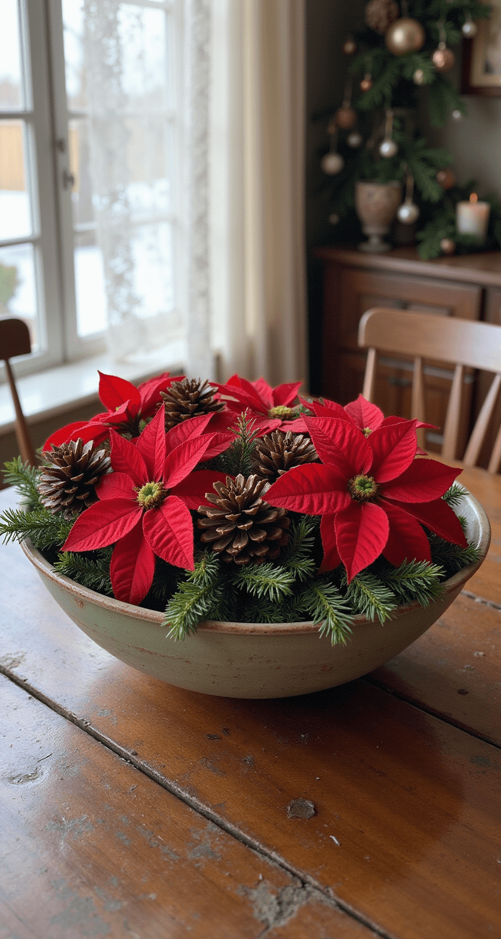 Poinsettia Centerpiece Ideas That'll Make Your Holiday Table Actually Worth Looking At A rustic holiday dining table adorned with a ceramic bowl of vibrant red poinsettias, surrounded by pinecones and evergreen sprigs, illuminated by soft winter light filtering through lace curtains.