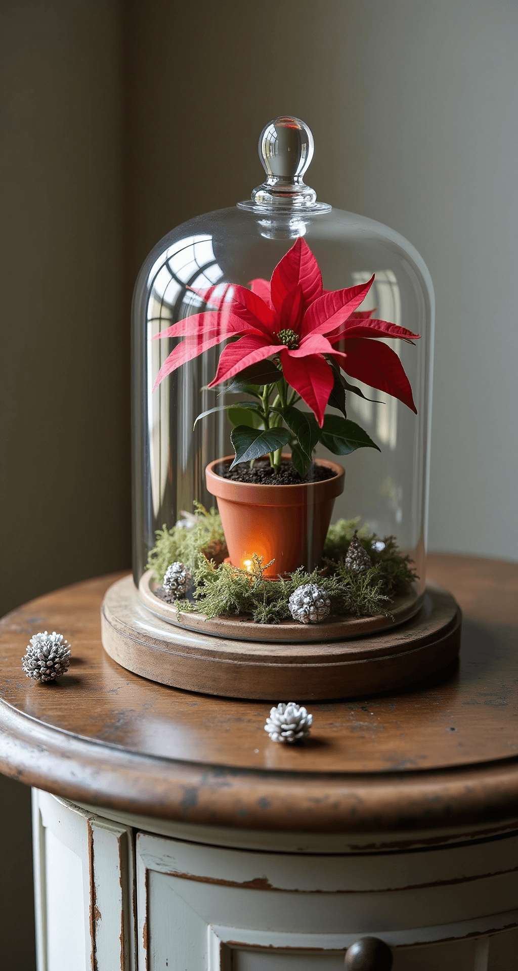 Poinsettia Centerpiece Ideas That'll Make Your Holiday Table Actually Worth Looking At An elegant glass cloche with a small potted poinsettia centered on a distressed farmhouse side table, surrounded by moss, frosted pinecones, and antique silver ornaments, illuminated by warm candlelight.
