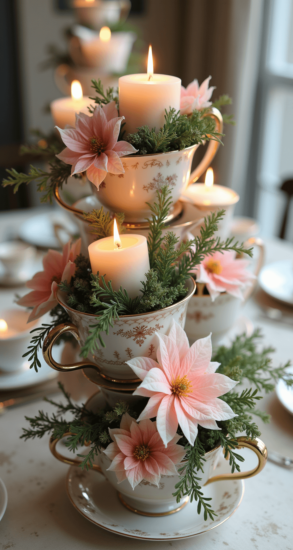 Poinsettia Centerpiece Ideas That'll Make Your Holiday Table Actually Worth Looking At A whimsical holiday centerpiece featuring a vintage mismatched teacup collection, each cup filled with poinsettia stems, taper candles, and trailing greenery, arranged in soft whites, creams, and blush tones, illuminated by battery-operated candles, viewed from above showcasing intricate layering and a romantic atmosphere.