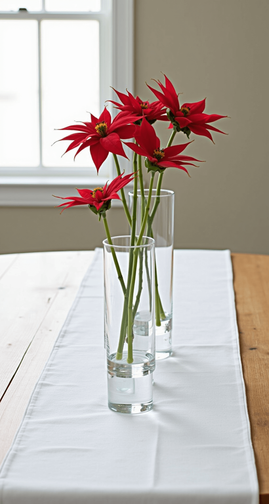 Poinsettia Centerpiece Ideas That'll Make Your Holiday Table Actually Worth Looking At Modern minimalist arrangement of single red poinsettia blooms in clear cylindrical vases of varying heights, placed along a crisp white linen table runner with soft natural light creating subtle shadows, emphasizing the clean contemporary styling and negative space.