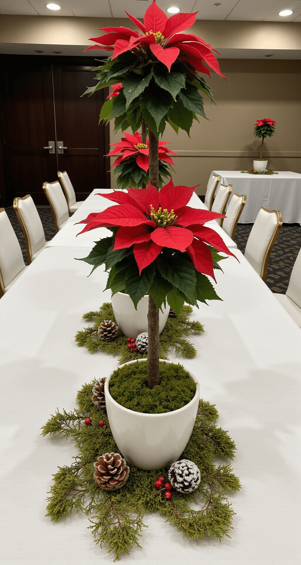 Poinsettia Centerpiece Ideas That'll Make Your Holiday Table Actually Worth Looking At Lush poinsettia topiary display with three matching plants in coordinated ceramic pots, fresh moss and frosted pinecones scattered on a rectangular dining table with crisp white linens, all under soft overhead lighting.