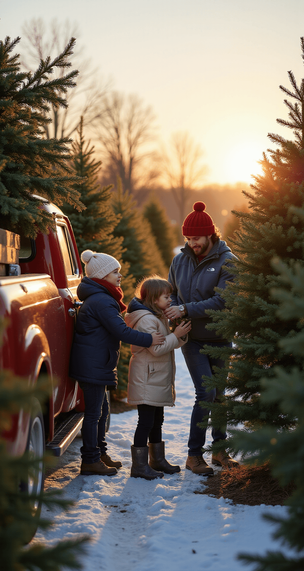 Christmas Outdoor Photoshoot Ideas That'll Make Your Holiday Cards Actually Worth Sending A family in coordinated navy, cream, and red outfits decorates a Christmas tree at a snow-dusted tree farm, with a vintage red pickup truck nearby laden with a freshly cut pine tree. The warm golden hour light filters through evergreen rows, creating a magical atmosphere with bokeh from distant string lights.