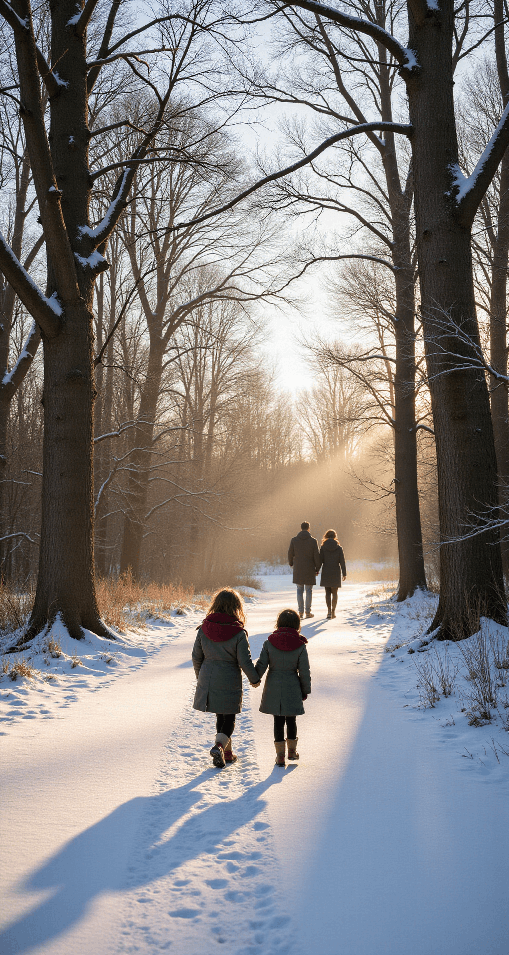 Christmas Outdoor Photoshoot Ideas That'll Make Your Holiday Cards Actually Worth Sending A family walks together along a frost-covered forest path, with bare oak branches forming an archway above them. Dressed in coordinated forest green and burgundy layers, they are illuminated by early morning golden hour light, casting long blue-tinged shadows on the pristine white snow, while soft mist rises from the surface. The image captures a moment of natural interaction in a minimalist winter landscape.