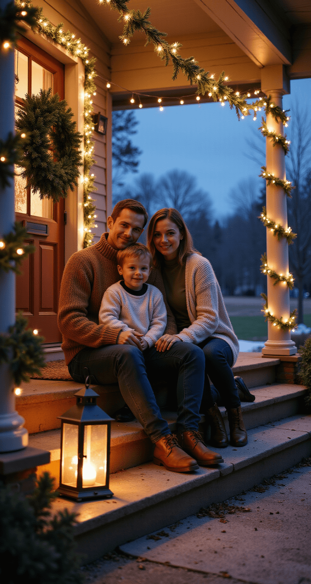 Christmas Outdoor Photoshoot Ideas That'll Make Your Holiday Cards Actually Worth Sending A cozy family scene on a front porch decorated for Christmas, featuring coordinated sweaters, glowing string lights, and a vintage lantern, all set against a deep indigo sky with subtle falling snow.