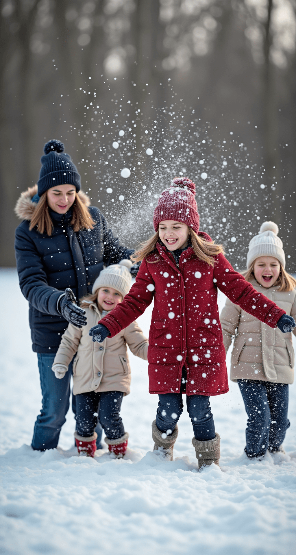 Christmas Outdoor Photoshoot Ideas That'll Make Your Holiday Cards Actually Worth Sending A dynamic snowball fight in an open snowy field, featuring a family in navy, red, and cream winter clothing, mid-motion with snow flying and genuine laughter, captured from a low angle with bare trees in the background and soft afternoon light.