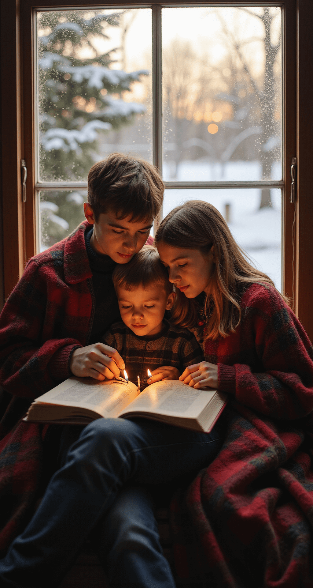 Christmas Outdoor Photoshoot Ideas That'll Make Your Holiday Cards Actually Worth Sending A cozy family reading scene framed by a frosted window, featuring children cuddled under a plaid blanket with a vintage Christmas book, soft golden light illuminating their intimate connection, a blurred Christmas tree and snowy exterior in the background.