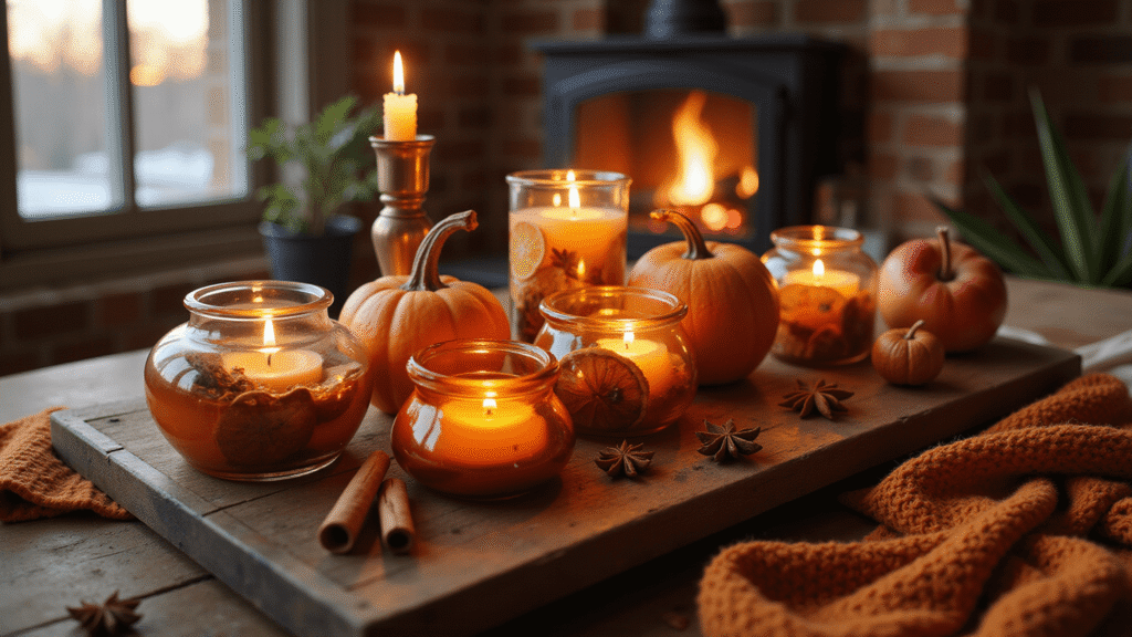 Fall Candle Ideas: Transform Your Home into an Autumn Paradise Autumn candle arrangement on a rustic wooden tray, featuring amber glass jars, pumpkin-shaped vessels, cinnamon bark, and dried orange slices, illuminated by golden hour lighting with warm shadows and a cozy living room backdrop.