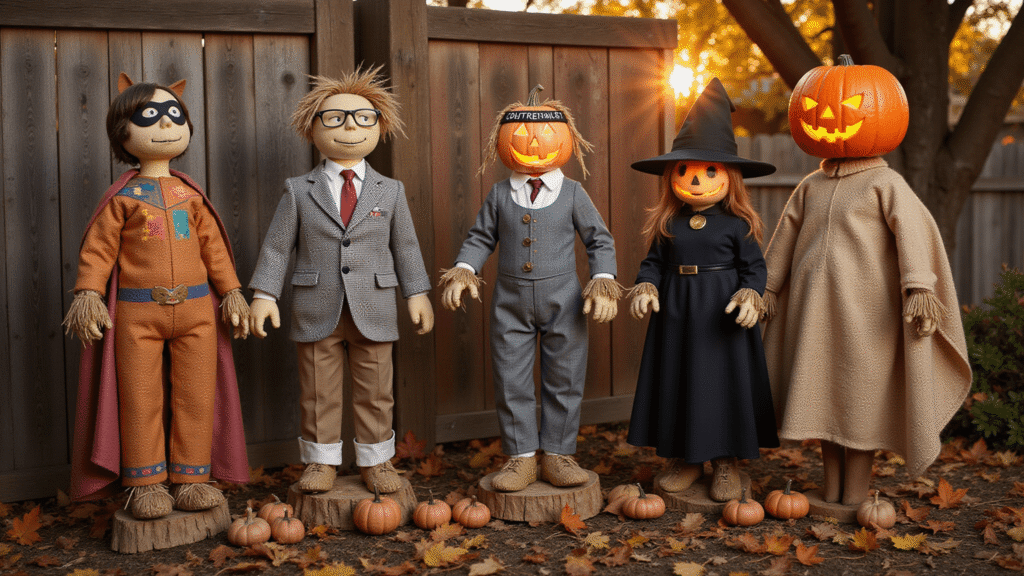 Scarecrow Contest Ideas That'll Make Your Neighbors Stop and Stare Ultra-realistic autumn farmyard scene showcasing whimsical scarecrow designs in superhero, librarian, yoga instructor, and witch costumes, illuminated by warm golden hour sunlight with rustic textures and falling leaves.