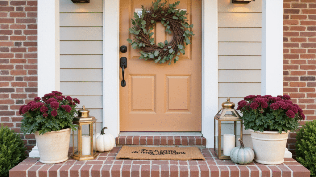 Fall Front Door Decor That Actually Makes Neighbors Slow Down Cinematic autumn front entrance featuring a textured grapevine wreath on a warm taupe door, white sage ceramic pumpkins on weathered brick steps, oversized planters with burgundy mums, layered jute doormat, and vintage brass lanterns, all bathed in golden hour lighting for a cozy atmosphere.