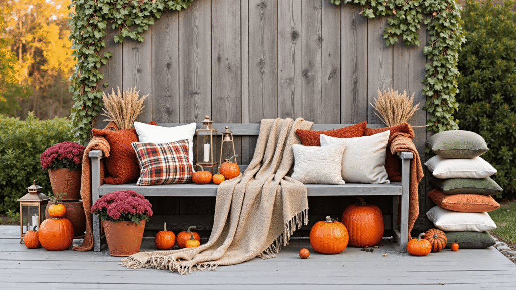 Fall Outdoor Bench Decorating Ideas That'll Make Your Neighbors Stop and Stare Cinematic autumn outdoor scene featuring a weathered wooden bench draped with plaid wool throws, stacked pillows, cascading pumpkins, terracotta pots with burgundy mums, and decorative lanterns, set against a rustic barn wood backdrop illuminated by golden hour lighting.