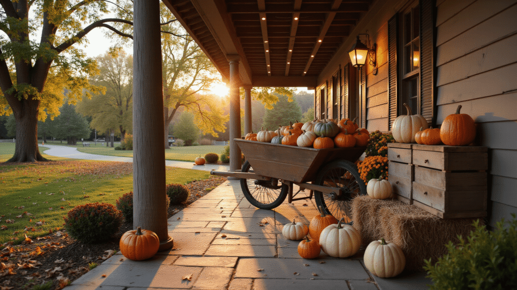 Large Outdoor Fall Decorations: Make Your Yard the Neighborhood Showstopper A cinematic wide-angle shot of a grand porch at golden hour, featuring a vintage wooden wheelbarrow filled with colorful heirloom pumpkins, rustic decor, dappled sunlight, and warm string lights.