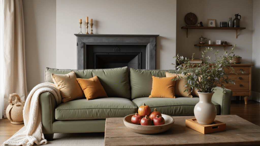 Fall Living Room Decorating Ideas That Actually Work (Without Making Your Space Look Like a Pumpkin Patch) Elegant autumn living room with a sage green velvet sofa, plush throw pillows, rustic wooden coffee table adorned with heirloom pumpkins and pomegranates, warm light through sheer curtains, and cozy textures.