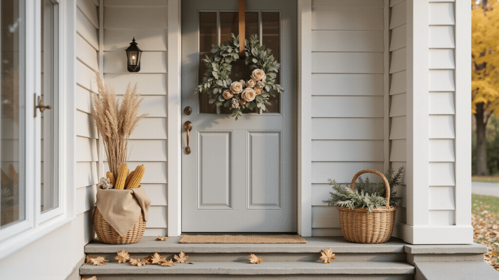 The Fall Wreaths That'll Make Your Neighbors Actually Stop and Stare Ultra-detailed photorealistic autumn entrance scene featuring a neutral oak leaf wreath with dusty pink roses on a light gray craftsman door, a hanging wicker basket filled with golden corn stalks, and weathered concrete steps adorned with bleached maple leaves, all illuminated by warm morning light.
