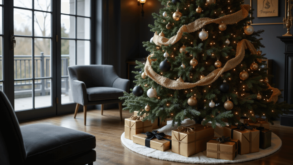 Black and Gold Christmas Tree: The Sophisticated Holiday Statement Your Living Room Desperately Needs A cinematic wide shot of a sophisticated living room featuring a dramatic black and gold Christmas tree adorned with layered ornaments and ribbons, complemented by warm ambient lighting and rich textures, creating a luxurious holiday atmosphere.