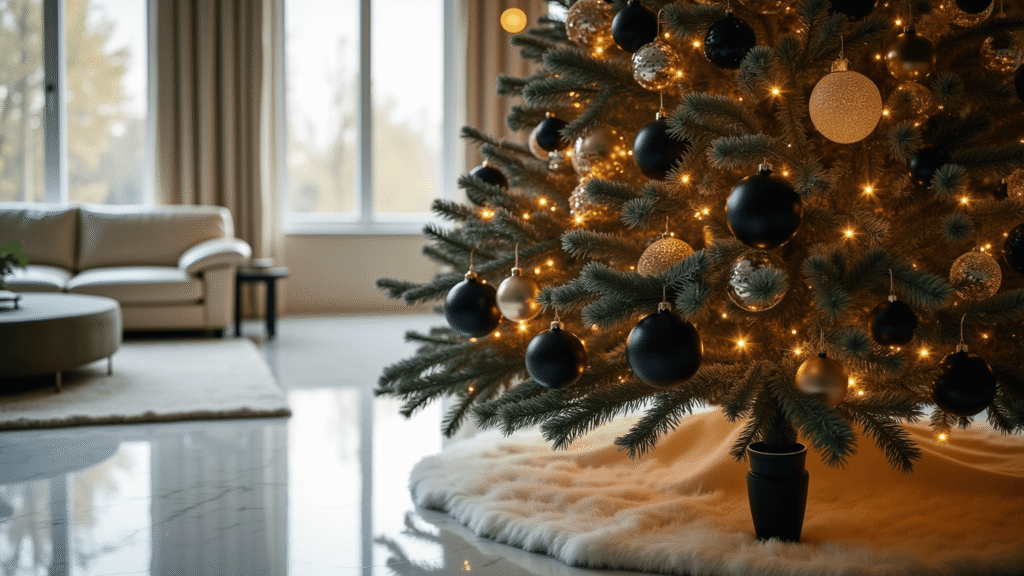 Black and Gold Christmas Tree: Your Step-by-Step Guide to Glamorous Holiday Décor Cinematic wide shot of an ultra-luxe black and gold Christmas tree with velvet ribbon and pearl picks, set in a modern living room with marble floors and contemporary furniture, illuminated by warm lighting.