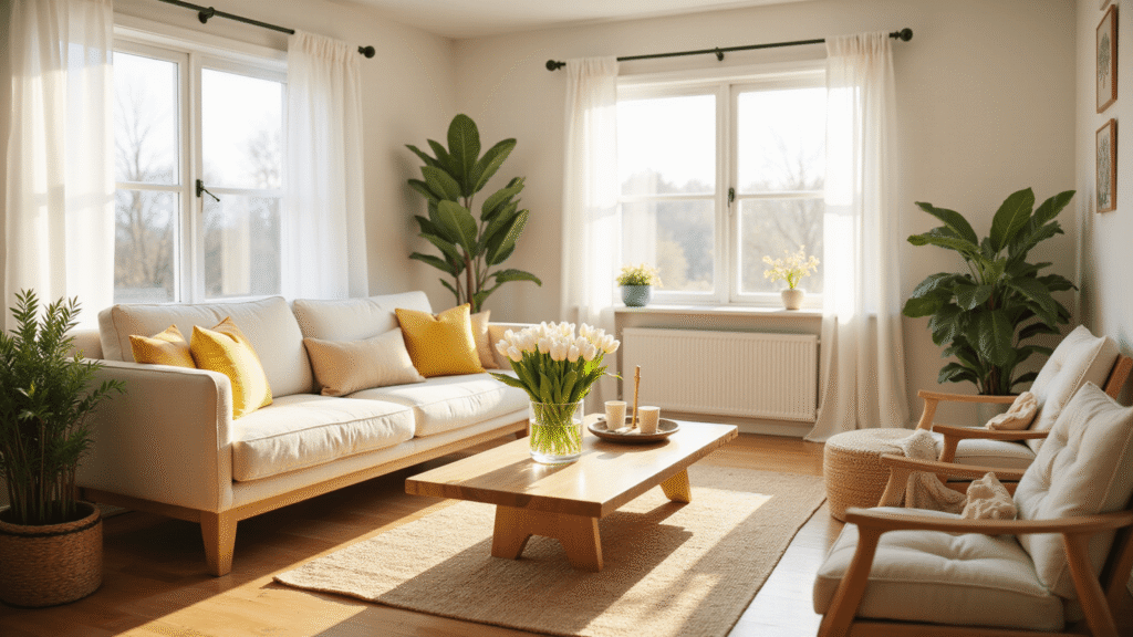 Spring Home Decor: My Guide to Refreshing Your Space Without Breaking the Bank A bright minimalist living room with an ivory sofa and yellow cream pillows, bathed in soft morning light, featuring a wooden coffee table with a vase of white tulips, potted ferns, and a jute rug, creating an airy spring sanctuary.