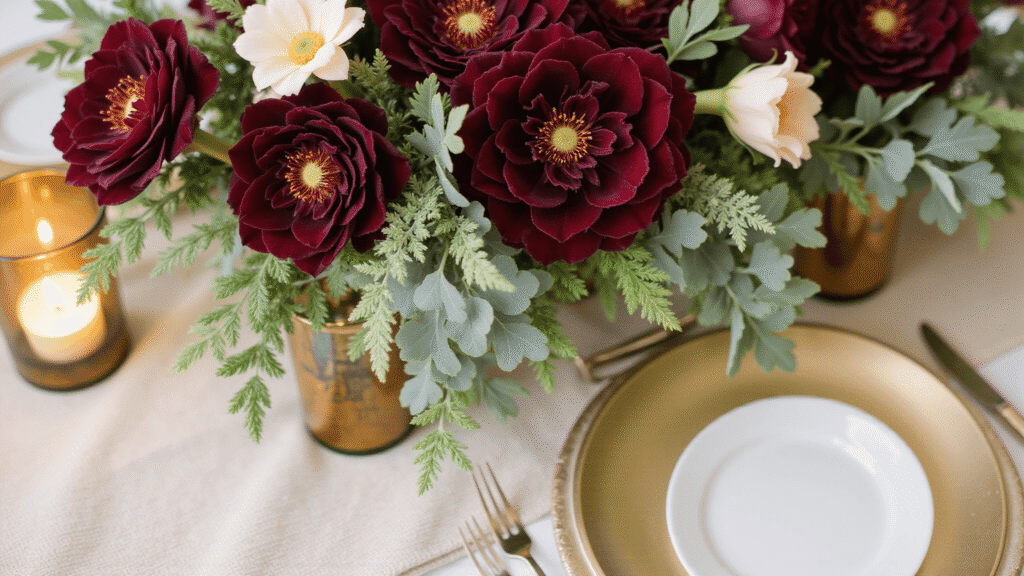 Christmas Wedding Centerpieces That'll Make Your Guests Stop Mid-Bite Luxurious Christmas wedding centerpiece with burgundy roses and amaryllis in gold-rimmed mercury glass vases, accented by cascading eucalyptus and pine, on a white knitted table runner, illuminated by warm candlelight.