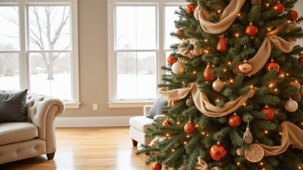 Burnt Orange Christmas Tree Ideas That'll Make Your Holiday Decor Absolutely Stunning Elegant 9-foot Christmas tree adorned with burnt orange glass and velvet ornaments, warm copper lights, and burlap ribbon in a cozy living room setting, featuring large windows and hardwood floors.