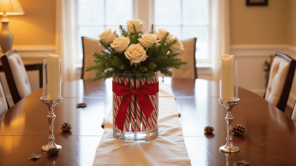 Candy Cane Centerpiece Ideas That'll Make Your Holiday Table the Talk of the Town Cinematic wide shot of an elegant dining room featuring a glass vase wrapped with candy canes and filled with white roses and pine branches, surrounded by silver candlesticks and pinecones, all warmly illuminated by golden winter light.