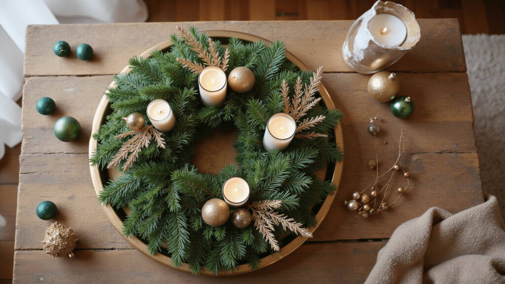 How to Decorate a Coffee Table for Christmas That'll Make Your Living Room Instagram-Worthy Cinematic overhead view of a rustic wooden coffee table adorned with a lush green Christmas wreath on an antique brass tray, featuring varying heights of mercury glass pillar candles, vintage ornaments in champagne and emerald tones, and textured berry sprays, all illuminated by soft winter light.