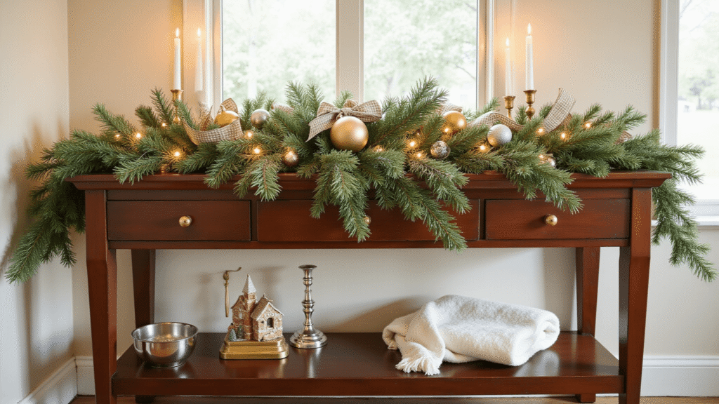 Transform Your Entryway: Christmas Table Decor That Actually Works Cinematic wide shot of a festive entryway console table adorned with a lush pine garland and warm golden fairy lights, featuring rich mahogany wood, frosted pine needles, gingham ribbons, clustered glass ornaments, a cozy throw blanket, vintage brass candlesticks, and charming gingerbread houses, all bathed in soft window light for a warm holiday ambiance.