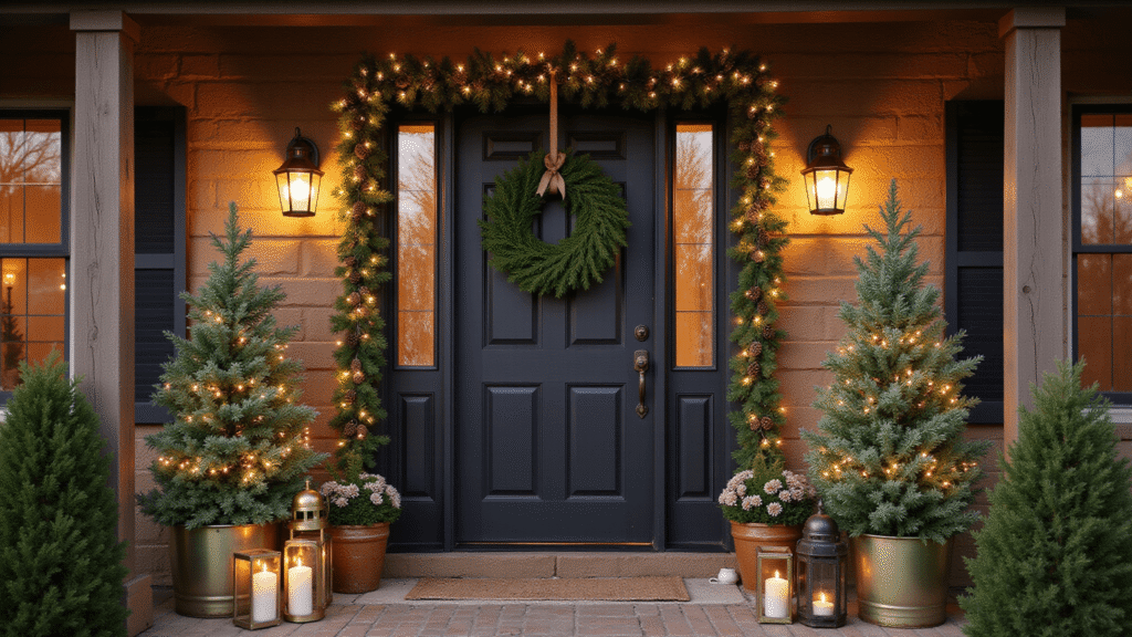 Front Porch Christmas Decor: Making Your Entrance the Star of the Season Cinematic Christmas front porch featuring a large emerald wreath on a dark wooden door, glowing brass lanterns with pinecones, lush cedar garlands adorned with warm string lights, potted evergreen trees, and a cozy atmosphere enhanced by golden hour lighting and flickering candlelight.