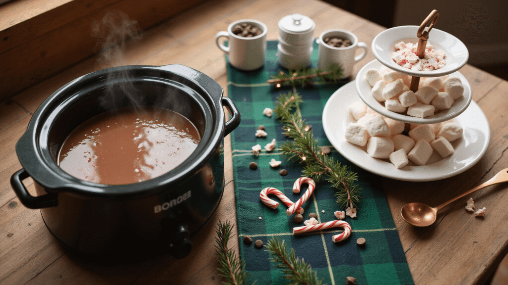How I Learned to Stop Worrying and Build the Perfect Christmas Hot Chocolate Bar Cinematic overhead shot of a rustic farmhouse Christmas hot chocolate bar with steaming rich chocolate, fluffy marshmallows, crushed candy canes, and chocolate chips on a distressed wood table, adorned with a deep forest green plaid runner and cozy battery string lights.